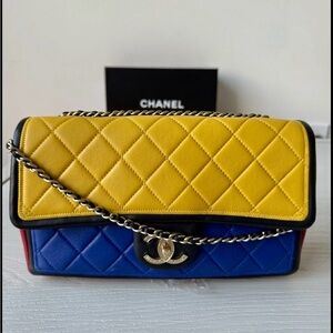 Chanel Lambskin Medium Tri-color Shoulder Bag Yellow Blue